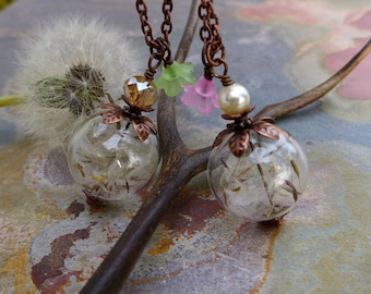 Dandelion Pendant Necklace, Dandelion Seed Flower Brass Necklace - Wish Jewelry, Glass Bottle Flower Necklace, Bridal/Bridesmaid Jewelry