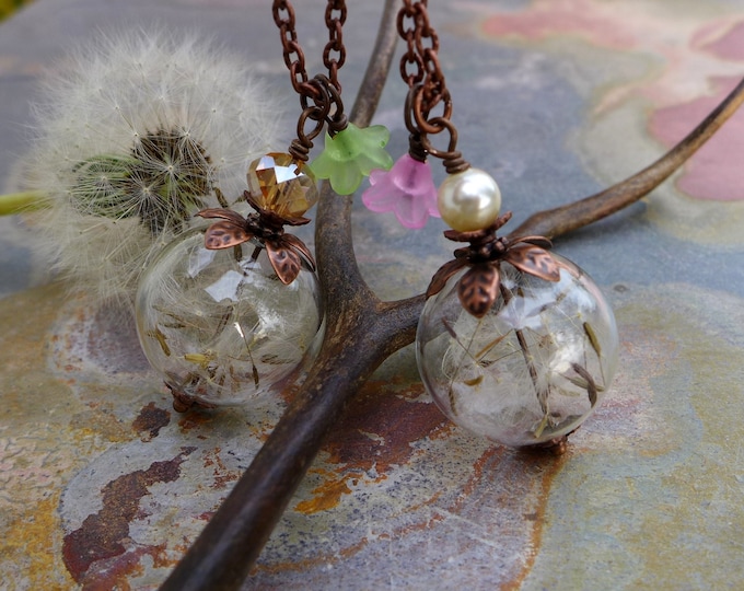 Dandelion Pendant Necklace, Dandelion Seed Flower Brass Necklace - Wish Jewelry, Glass Bottle Flower Necklace, Bridal/Bridesmaid Jewelry