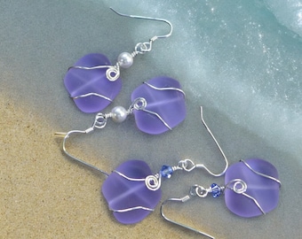 Periwinkle Sea Glass Earrings in Sterling Silver Earwires-Lavender Recycled Glass Earrings Glass Earrings, Beach Weddings,Sea Glass earrings
