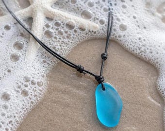 Aqua Sea Glass Necklace, Black Leather Cord, Adjustable Beach Choker, Coastal Pendant