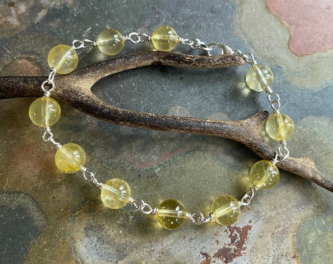 STERLING SILVER 8 mm Citrine Gemstone Wired Bracelet, Wire Wrapped Citrine Bracelet, November Birthstone Bracelet, Stacking Bracelets