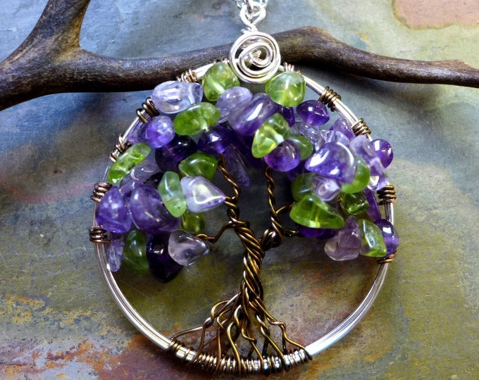 Mother's Day Gift, Ready Ship in ship in 1 to 2 days,Amethyst/Peridot Tree of Life, February/Peridot Family Birthstone Tree of life Pendant