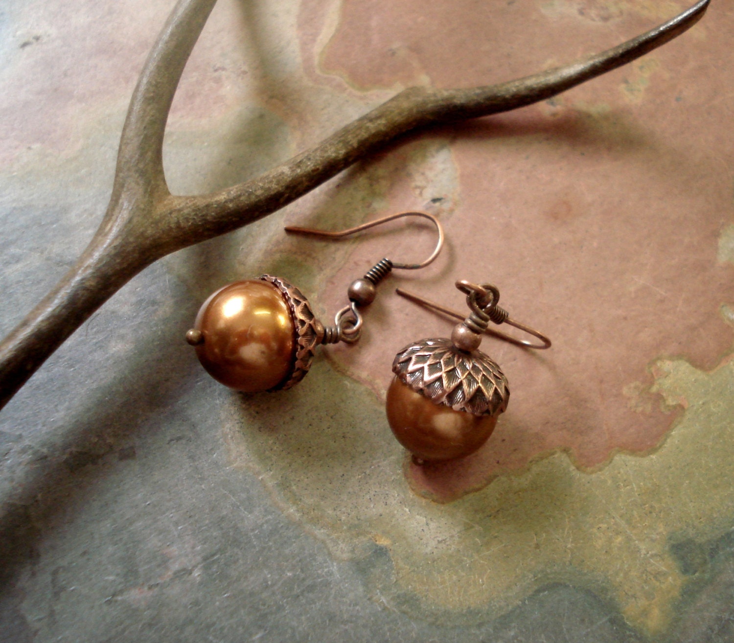 Copper Acorn Copper Pearl Earrings Only Fall Autumn Nature