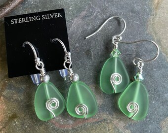 Sea Glass Earrings in STERLING SILVER,Light Green  Sea Glass Earrings, Beach Weddings, Beach Glass Jewelry, Peridot Sea glass Earrings,