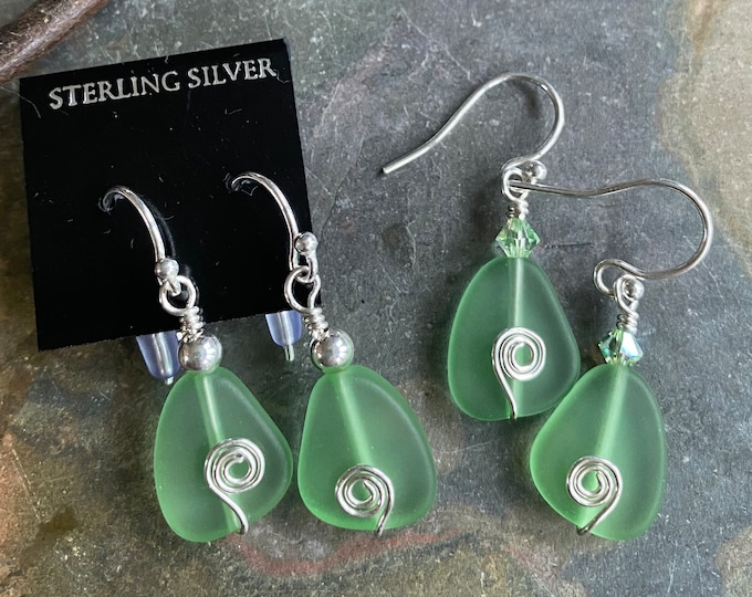 Sea Glass Earrings in STERLING SILVER,Light Green  Sea Glass Earrings, Beach Weddings, Beach Glass Jewelry, Peridot Sea glass Earrings,