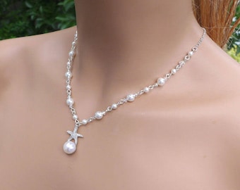 Starfish Pearl Charm Necklace, Beach Theme Crystal Pearl Necklace, Earrings, Starfish Beach Theme Bridal/Bridesmaid Necklace and Earrings