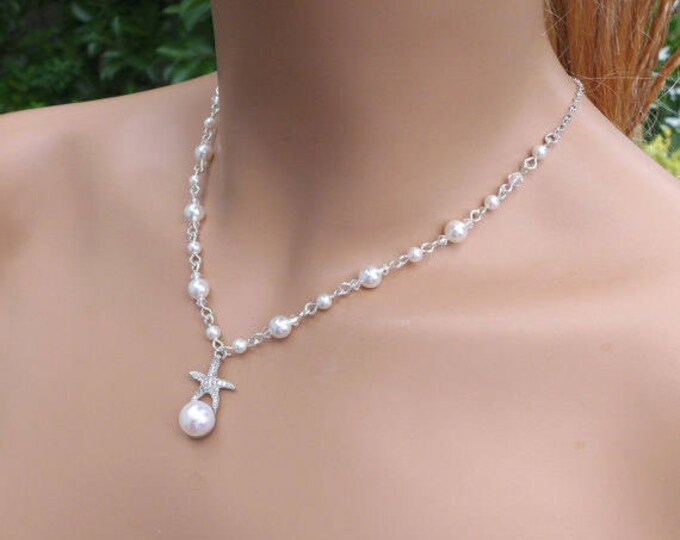 Starfish Pearl Charm Necklace, Beach Theme Crystal Pearl Necklace, Earrings, Starfish Beach Theme Bridal/Bridesmaid Necklace and Earrings