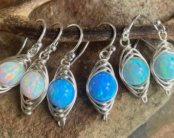 Handmade Opal Gift Dainty Earrings, Sterling Silver Wire Design Elegant Drop Minimalist Style Everyday Dangling BirthdayEarrings