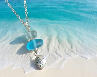 Sand Dollar Necklace, Sea Glass Necklace with a Sand dollar charm,Wired Sand Dollar Pendant Necklace,Blue Sea Glass Necklace Sterling silver