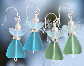 Angel Dangle Earring, Sea Glass Angel Guardian Earrings, Holiday Gift Christmas Earrings,Sea Glass Sterling Silver Spiritual Opalescent Wing