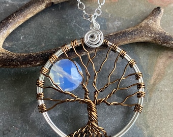 Moon Tree Necklace,Blue Opalite Moon Tree of Life Pendant in Bronze wire, Wire Wrapped Tree of Life Necklace,Leafless Tree of Life Necklace,
