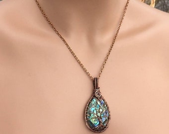 Antiqued Copper Wire Wrapped Abalone Pendant Necklace, Abalone Tree of Life Necklace,Abalone Necklace,Gifts for Her, Abalone Pendant