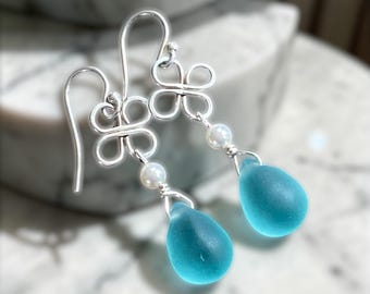 Light Aqua Sea Glass Earrings, Silver Wire Wrapped Clover Dangles, Swarovski Pearls