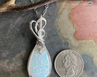 Opal Necklace, Mom's Gift Necklace Sterling Silver,October Birthstone Necklace,Opal Bridal Necklace, Lab Created Opal Jewelry,