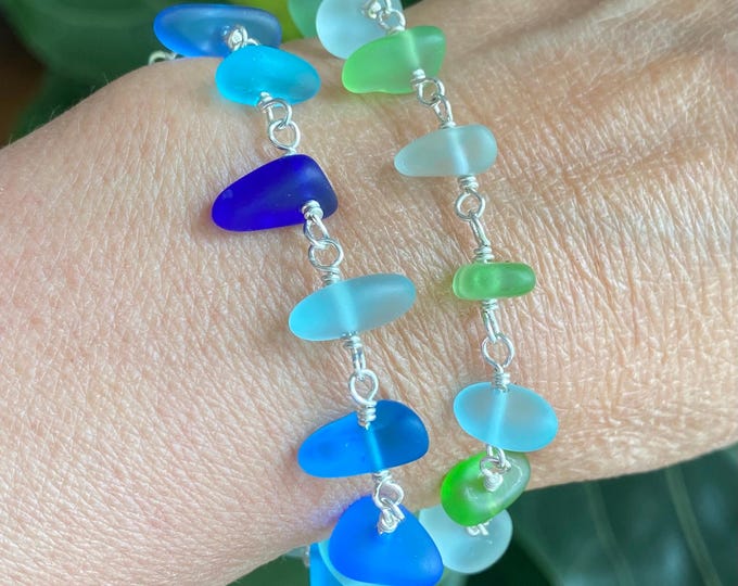 Sterling Silver Sea Glass Bracelet: Custom Initial Charm