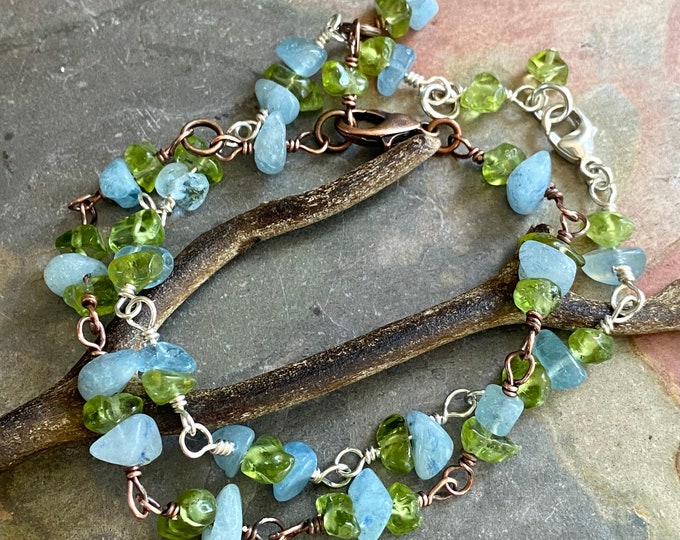 Wired Aquamarine/Peridot Bracelet,Linked Wired Aquamarine/Peridot Bracelet Sterling Silver or Antiqued Copper, August Birthstone Necklace