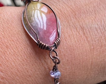Wire Wrapped Rainbow Aura Quartz Cuff Bracelet: Copper Ametrine Gemstone