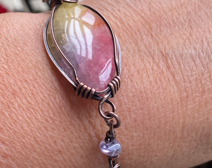 Rainbow Rainbow Quartz Bracelet,Wire Wrapped Raw Quartz Cuff/Bangle Bracelet in Copper, Rainbow Aura Quartz Bracelet, Quartz Bracelett