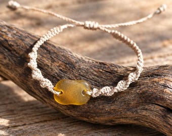 Light Brown Sea Glass Macrame Bracelet, Adjustable Waxed Cord, Gift for Him or Her