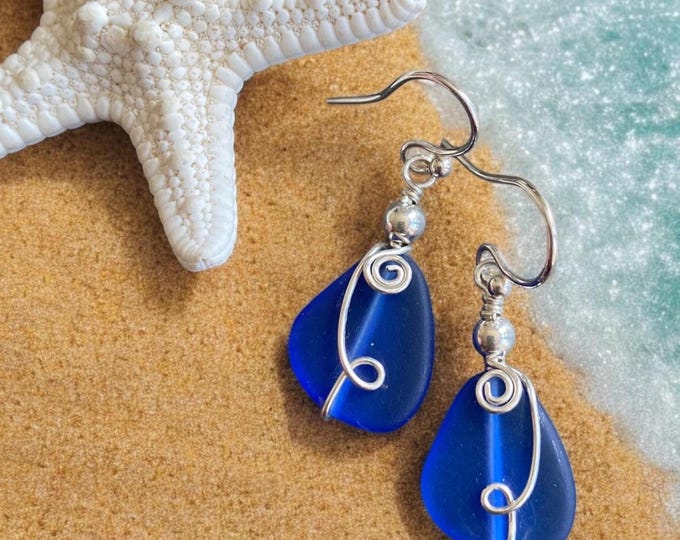 Wire Wrapped handmade Blue Sea Glass Earrings, Blue Sea Glass Earrings in STERLING SILVER, Beach Glass Jewelry, Sea glass Dangling Earrings,