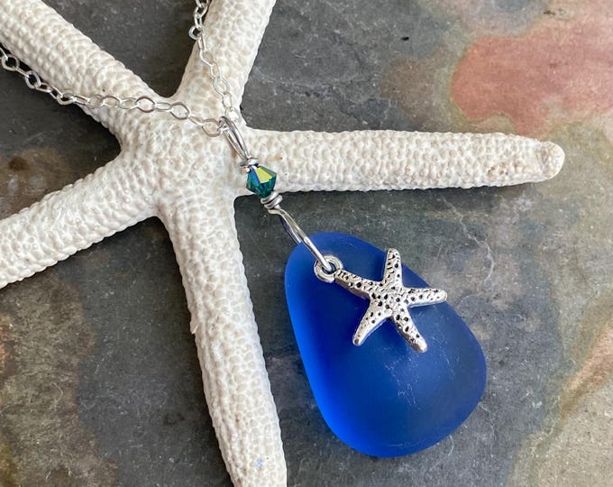 Beach Glass Necklace Starfish Charm in .925 Sterling Silver, Blue Sea Glass Necklace, Starfish Necklace, Wire Wrapped Blue Sea Glass Pendant