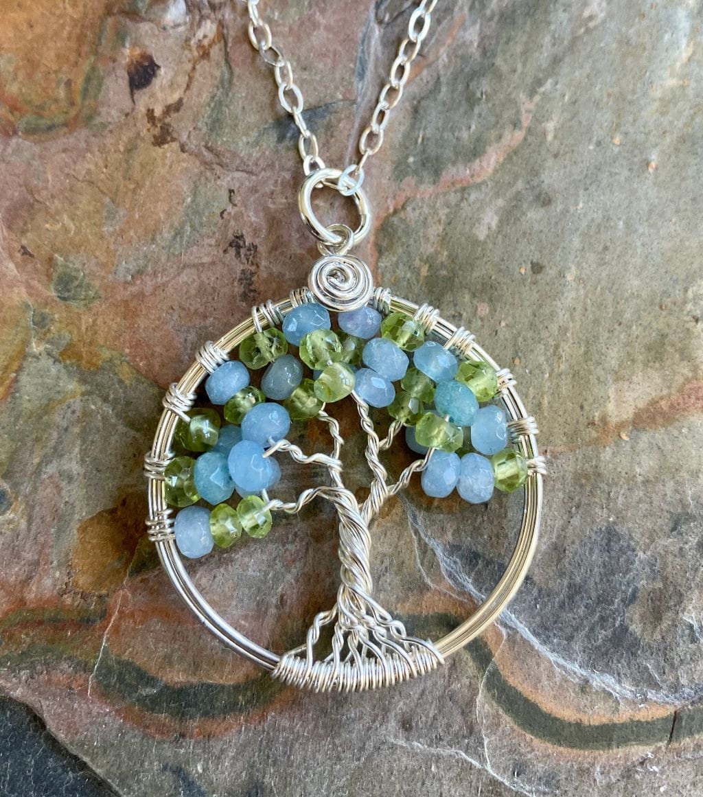 Peridot Moonstone Tree of Life Necklace Sterling Silver,March