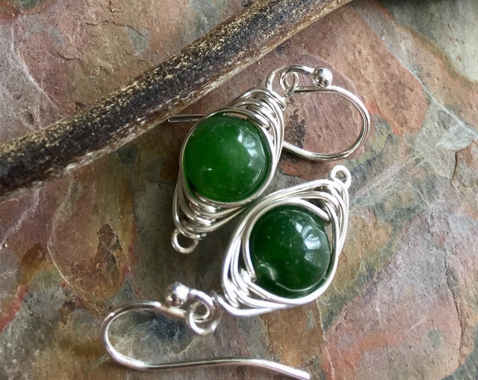 Emerald Earrings Sterling Silver,Wire Wrapped Herringbone Emerald Earrings,Emerald Dangle Earrings,May Birthstone earrings in Gold/Copper