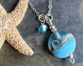 Beach Wave Necklace in .925 Sterling Silver, Ocean Wave Necklace, Blue Beach Wave Sea Glass Necklace ,Wave Lampwork Bead Pendant Necklace