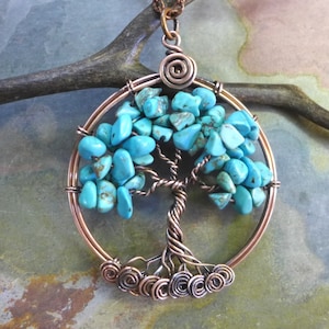 Turquoise Tree of Life Necklace: Antiqued Copper Wire Wrapped Pendant