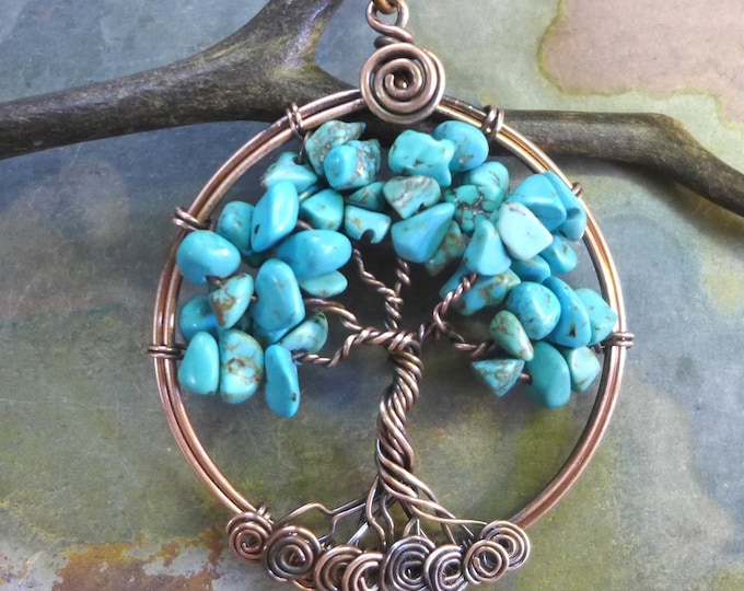 Turquoise Tree of Life Necklace Antiqued Copper,Wire Wrapped Turquoise Tree of Life Copper Pendant,Turquoise Copper Pendant