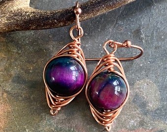 Wire Wrapped Tiger Eye Dangle Earrings: Copper Herringbone Weave