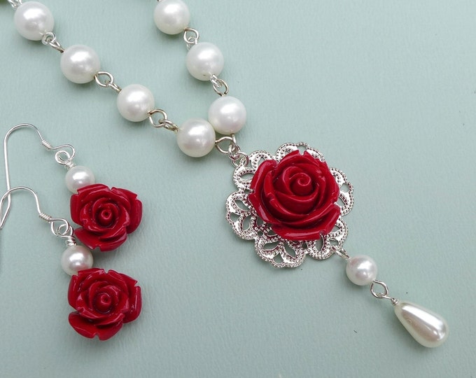 Bridesmaid Red rose Pearl Necklace, Red Rose Earrings,Bridesmaid Pearl Necklace, Red Rose Necklace, Holiday Red necklace Pearl Necklace