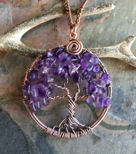 AMETHYST COPPER WRAPPED TREE OF LIFE POINT NECKLACE 