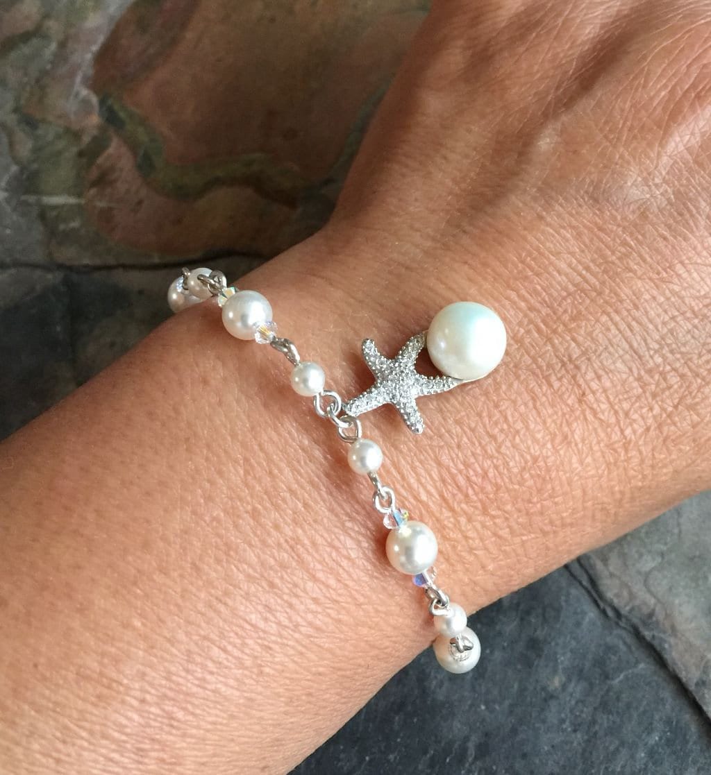 Starfish Pearl Charm Necklace, Beach Theme Crystal Pearl Necklace and