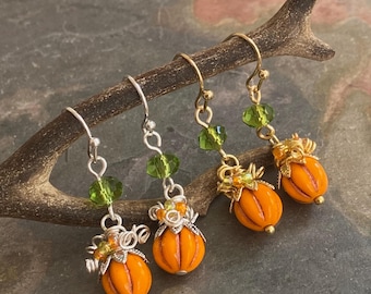 Handmade Pumpkin Earrings, Fall Harvest Jewelry,Cute Pumpkin Halloween Dangle Earrings, Orange Pumpkin Crystal Earrings, Fall Accessories,