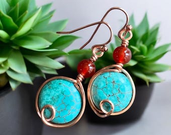 Turquoise Carnelian Earrings in Copper, Wire Wrapped Howlite Turquoise  Dangle Earrings,   Rustic Jewelry, Handmade Jewelry, Gifts for Women
