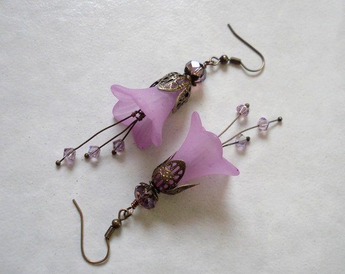 Lavender Lucite Flower Crystal Antiqued Brass Earrings