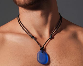 Blue Cultured Sea Glass Leather Choker, Adjustable Coastal Surfer Necklace