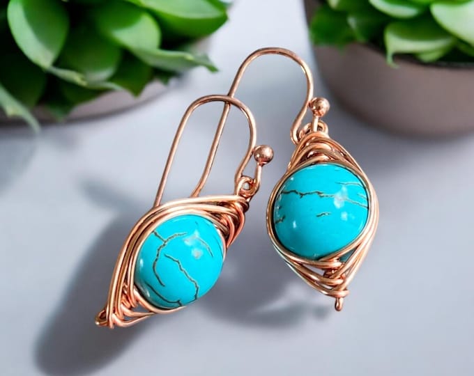 Wire Wrapped Turquoise Earrings, Howlite Turquoise Gemstone Herringbone Dangle Earrings in Copper, Gemstone Copper Earrings,