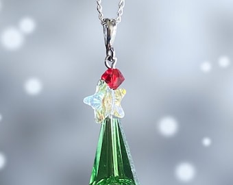 Christmas Tree Necklace, Crystal Pendant Sterling Silver Holiday Jewelry, Christmas Gift Festive Accessor, Sparkly Green Crystal Tree Design