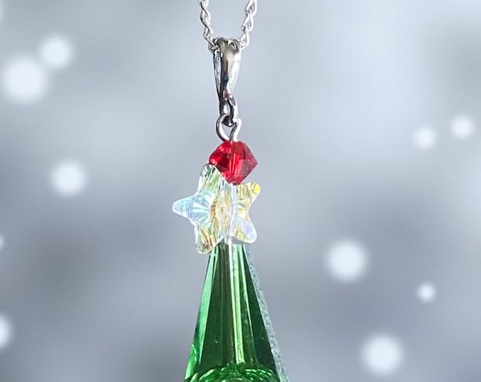 Christmas Tree Necklace, Crystal Pendant Sterling Silver Holiday Jewelry, Christmas Gift Festive Accessor, Sparkly Green Crystal Tree Design