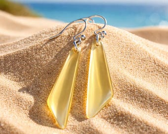 Golden Glow Sea Glass Dangle Earrings: Sterling Silver Wire Wrapped Beach Jewelry