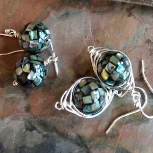 Iridescent Abalone Earrings, Sterling Silver Wire Wrapped, Sea Opal afbeelding 1