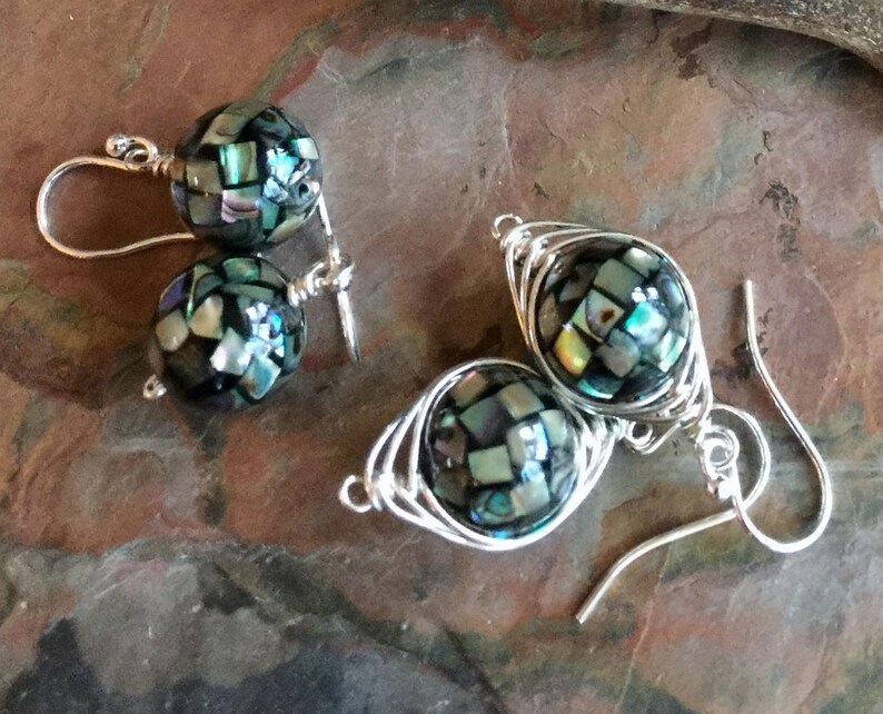 Iridescent Abalone Earrings, Sterling Silver Wire Wrapped, Sea Opal afbeelding 1