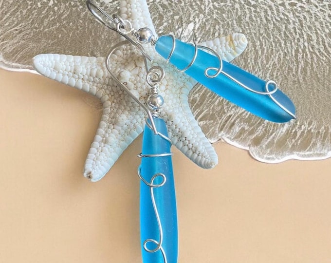 Wire wrapped Long Sea Glass Earrings in Sterling Silver, Pacific Blue Sea Glass Silver Earrings,Beach Weddings,Sea Glass Jewelry,Beach Glass
