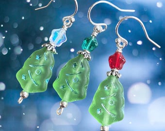 Green Christmas Tree Earrings, Holiday Accessory Festive Jewelry, Green Tree Sterling Silver Dangle