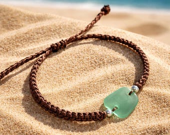 Adjustable Macrame Sea Glass Bracelet, Beach Nautical Jewelry