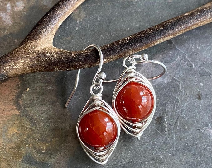 Handmade Orange Fire Agate Gemstone Earrings in Sterling Silver, Fire Agate Herringbone  Earrings, Agate Herringbone Earrings in Copper
