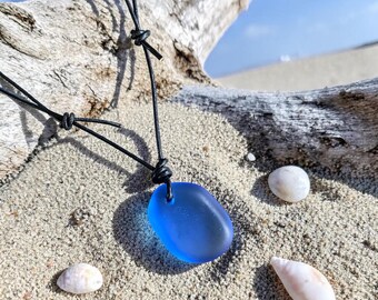 Blue Cultured Sea Glass Leather Choker, Adjustable Coastal Surfer Necklace