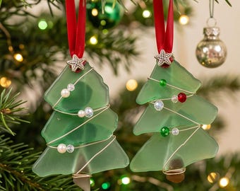 Holiday Sea Glass Tree Ornament, Green Christmas Decoration